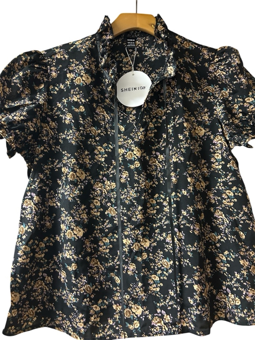 SHEIN Vcay Black Floral Button-Up Blouse with Tie NWT